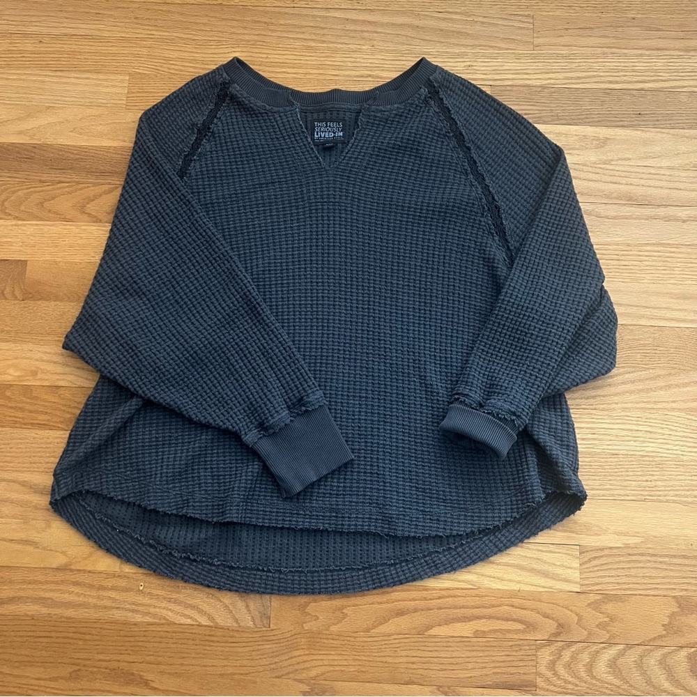 Women’s Navy Blue Waffle Knit Long Sleeve Top